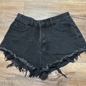 High-Rise Black Denim Frayed Hem Women's Shorts